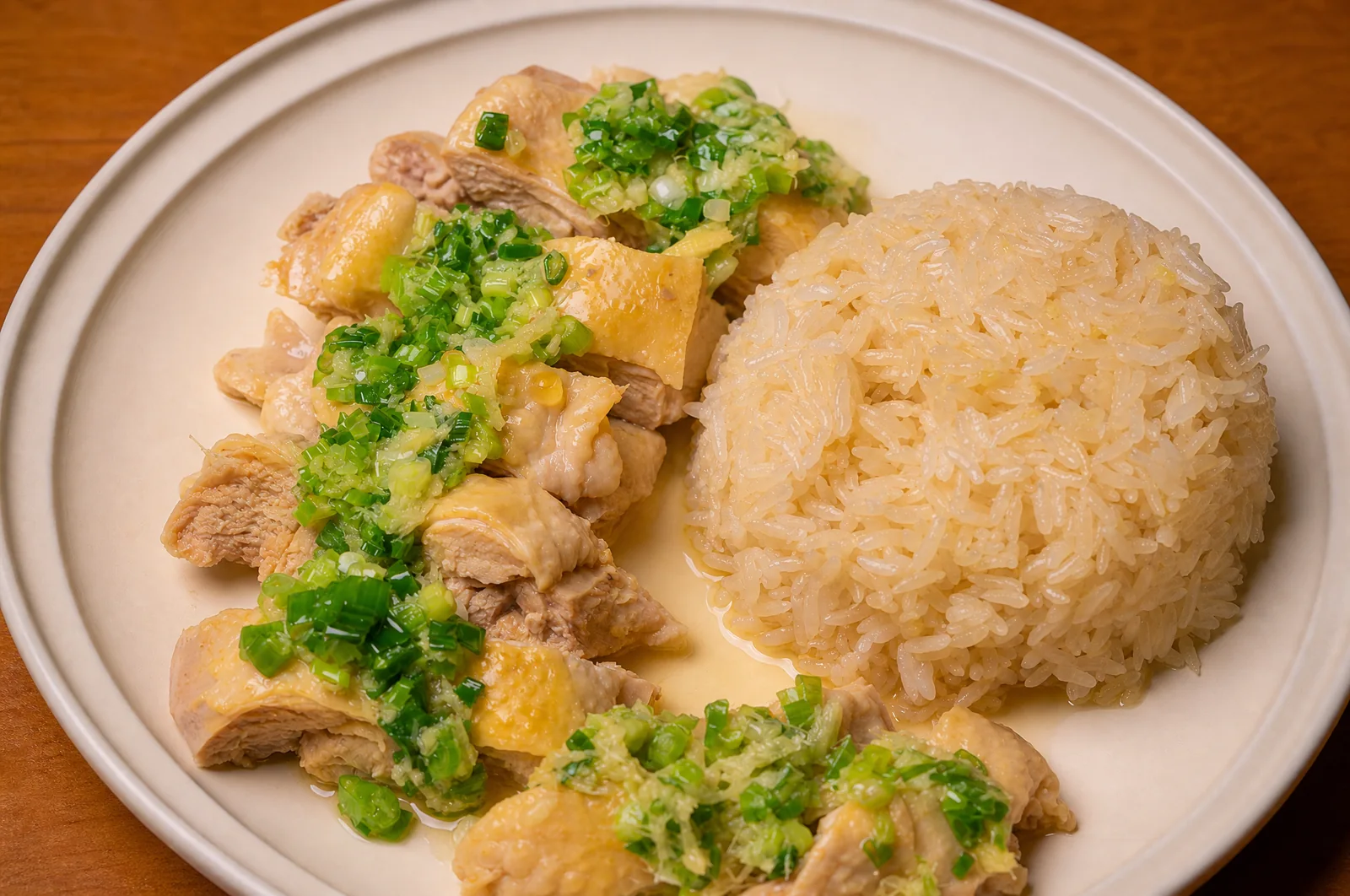 A finished plate of chicken and fragrant rice with ginger-scallion sauce
