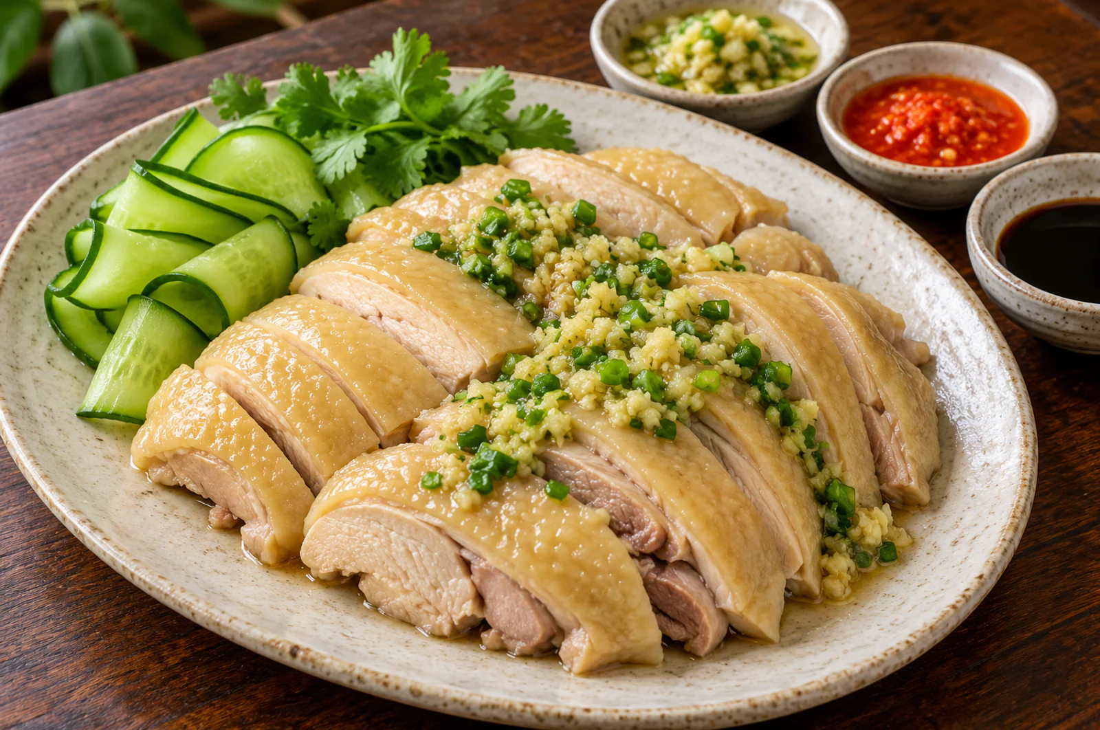 Sliced Hainanese-style poached chicken with cucumber and three dipping sauces