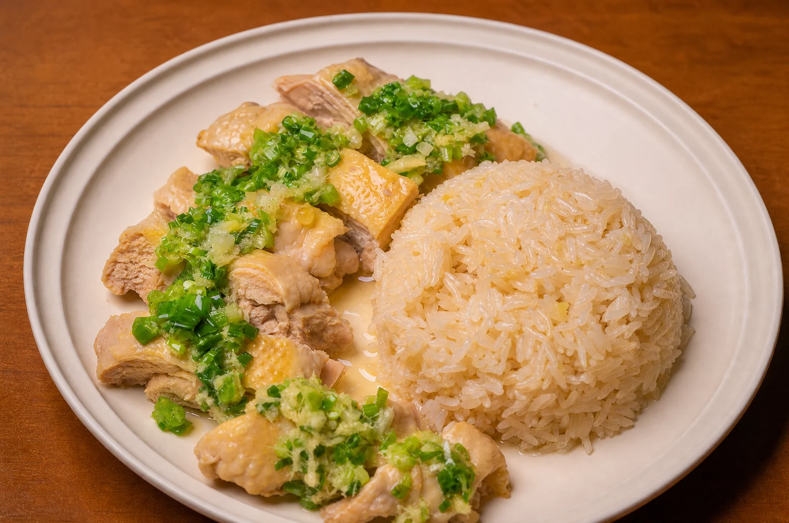 A plated serving of sliced Hainanese chicken with fragrant rice and ginger-scallion sauce